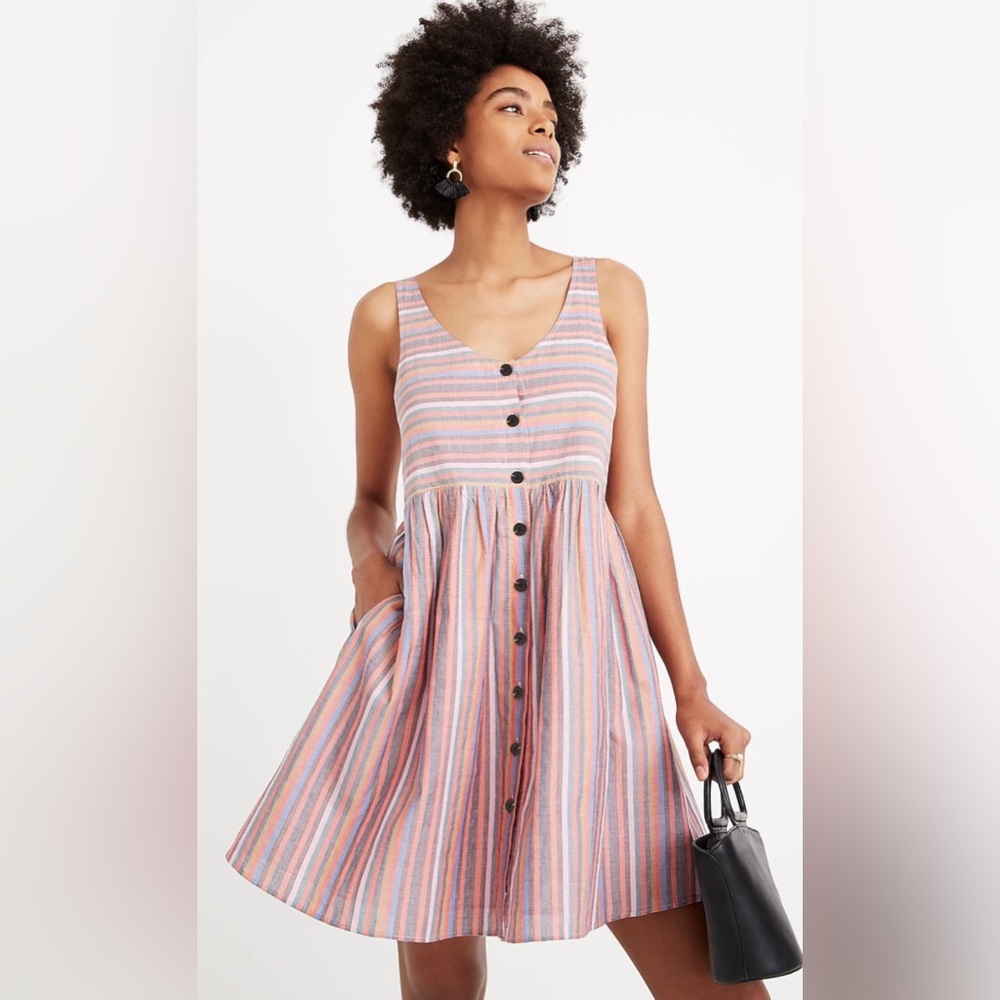 Madewell Button Front Muted Striped Sleeveless Tank A Line Mini Dress Pink L